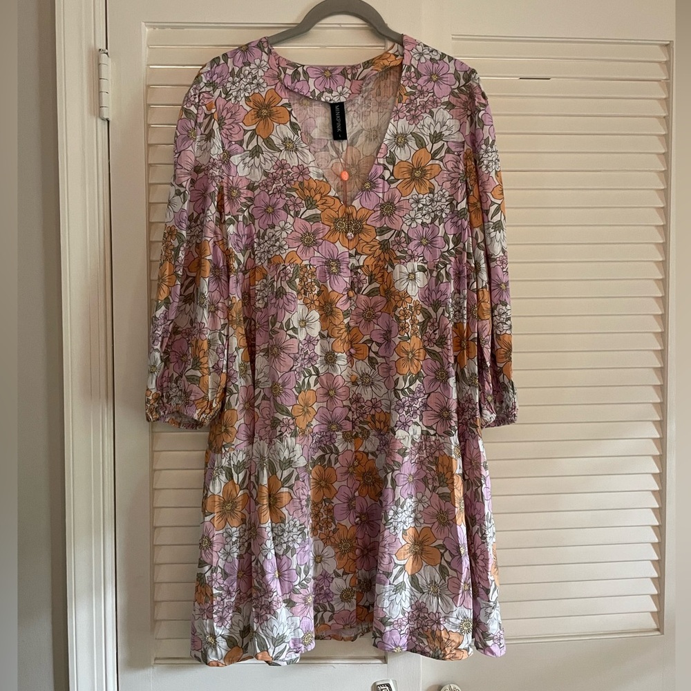 MINKPINK Floral Long Sleeve Dress - Pink, Orange, White